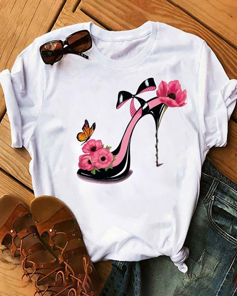 

Butterfly & Floral Print Short Sleeve T-Shirt, Style4