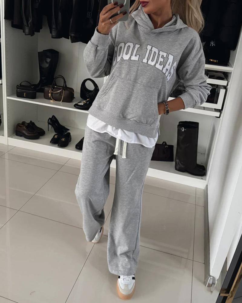 

Ensemble 2 pièces à capuche et manches longues avec imprimé lettre et pantalon droit et sweat-shirt décontracté avec poche, Light gray