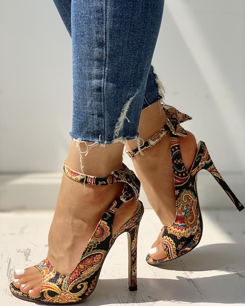 

Ethnic Print Ankle Strap Slingback Thin Heeled Sandals, Black