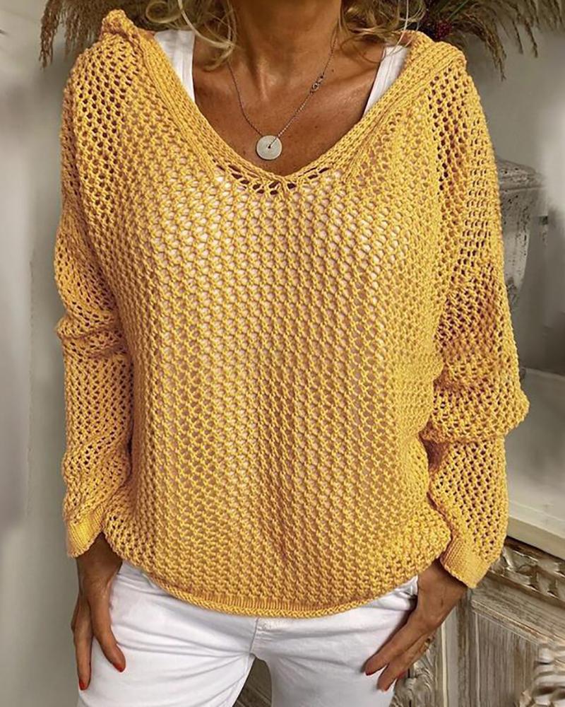 

Knit Hollow Out Long Sleeve Hooded Sweater, Yellow