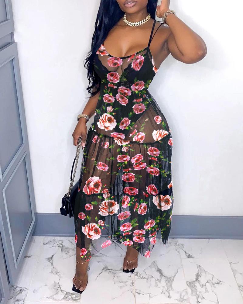

Floral Pattern Cami Mesh Maxi Dress, Black