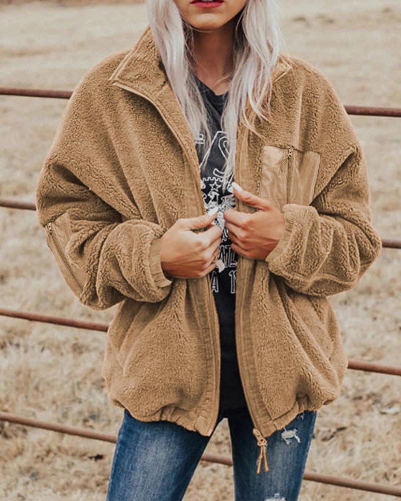 

Long Sleeve Pocket Detail Zip Up Teddy Coat, Khaki