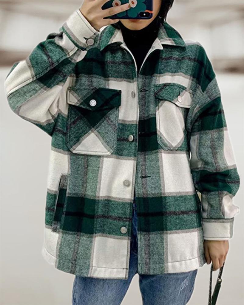 

Long Sleeve Plaid Print Pocket Design Shacket, Green