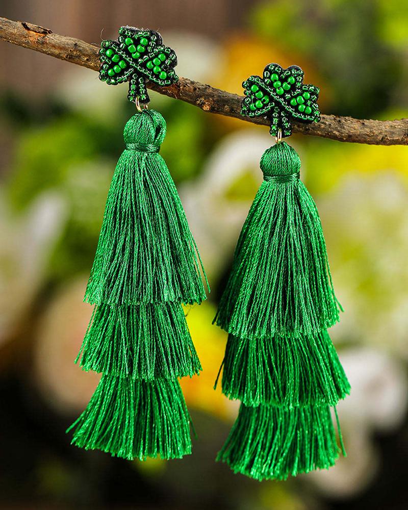 

1Pair St. Patrick's Day Beaded Clover Layered Tassel Drop Earrings, Green