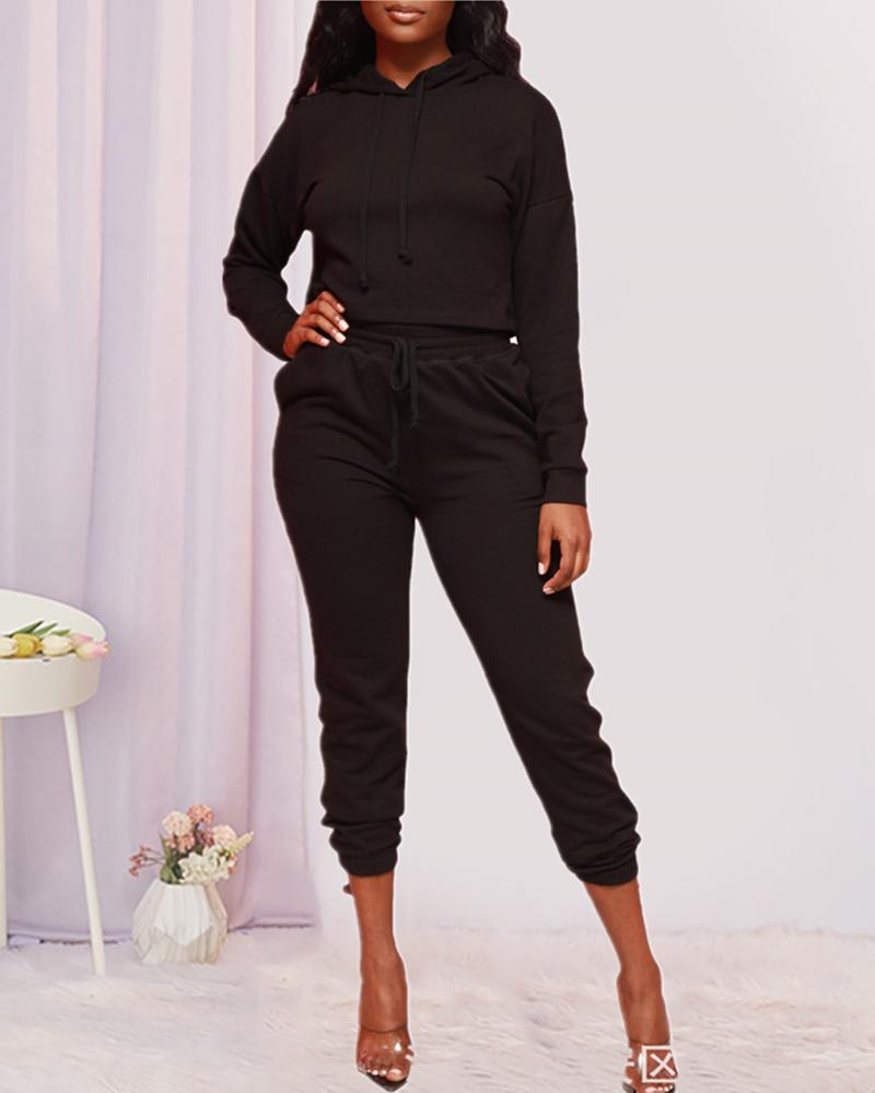 

Long Sleeve Hooded Sweatshirt & Pocket Design Pants Set, Black