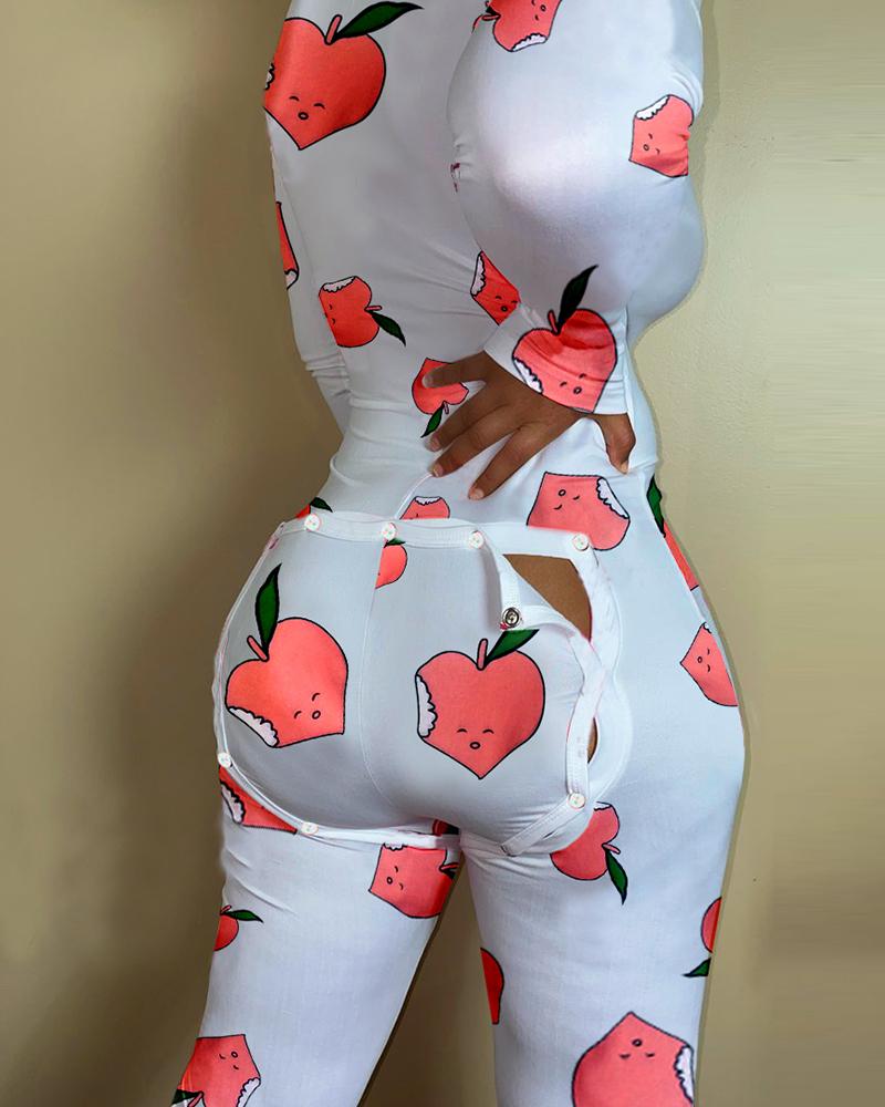 

Fruit Print Functional Buttoned Flap Jumpsuit, White