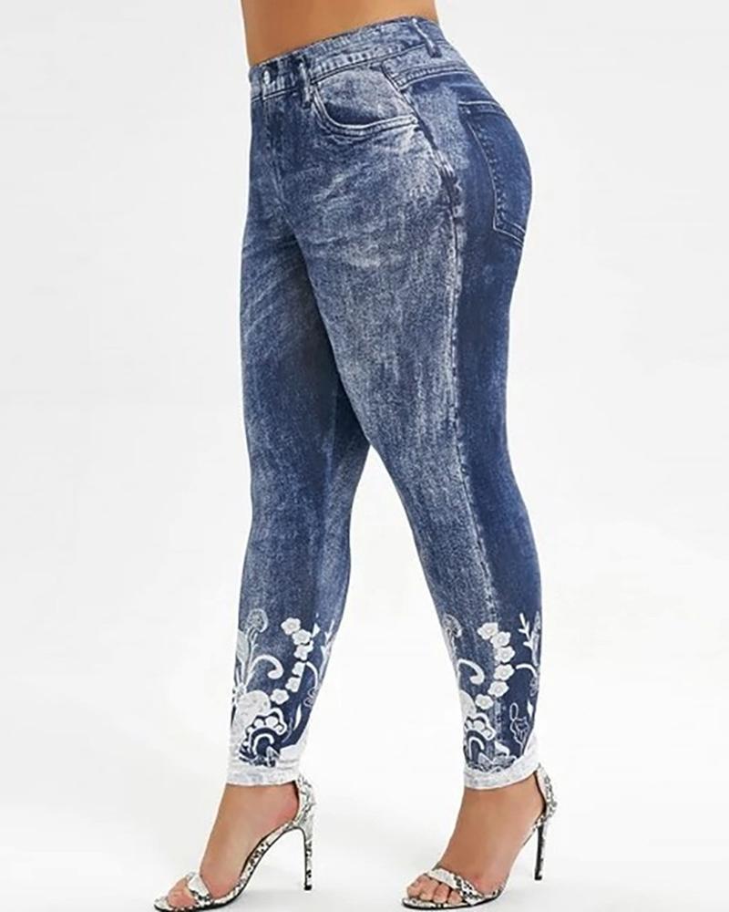 

Plus Size Floral Faux Denim Printed High Waist Leggings, Blue