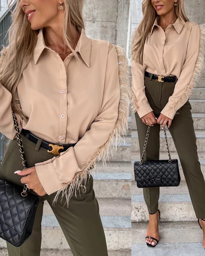 

Feather Trim Long Sleeve Button Down Shirt, Apricot