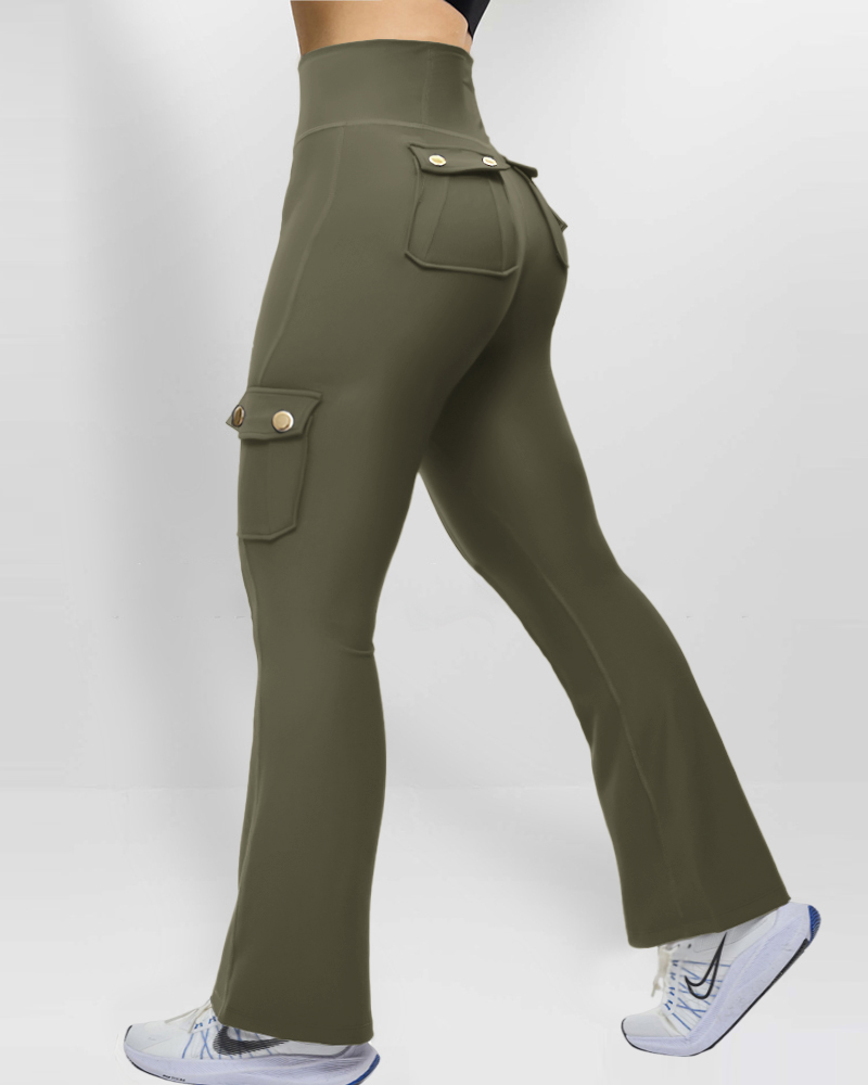 

Butt Lifting Leggings High Waist Tummy Control Flared Active Pants with Flap Pockets, Army green