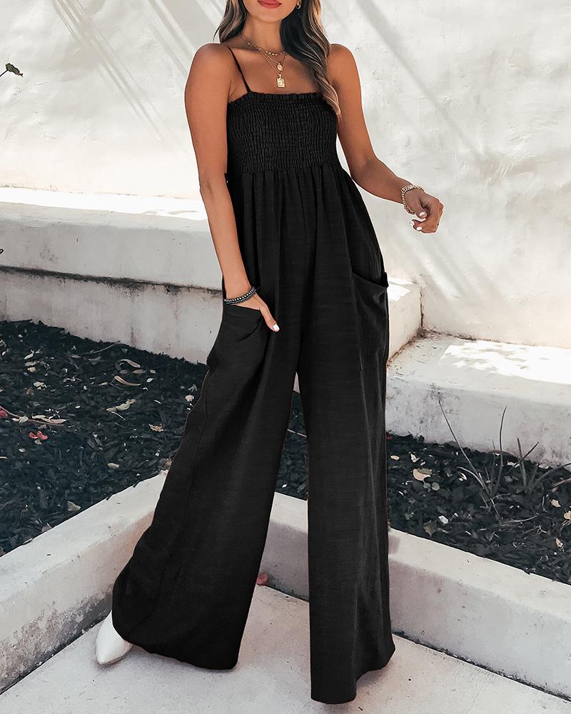 

Spaghetti Strap Plain Shirred Wide Leg Jumpsuit, Black