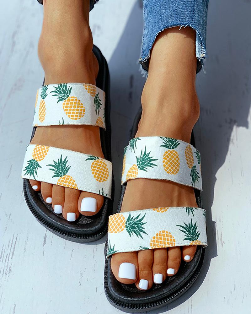 

Open Toe Pineapple Pattern Flat Sandals, Black