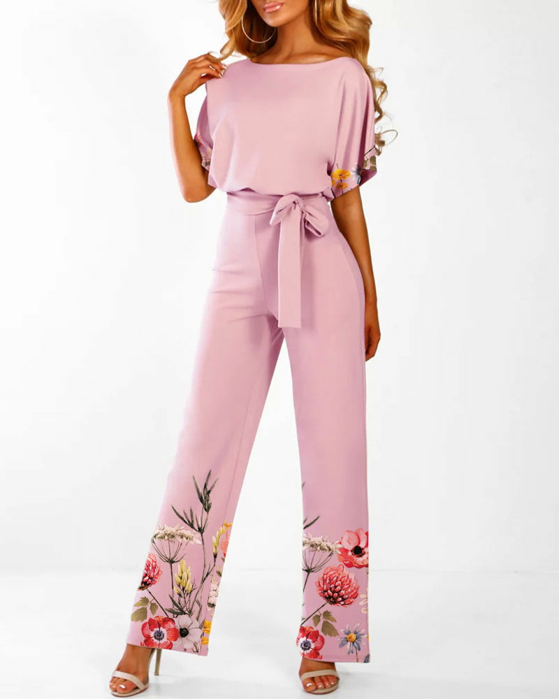 

Floral Print Batwing Sleeve Belted Jumpsuit, Pink