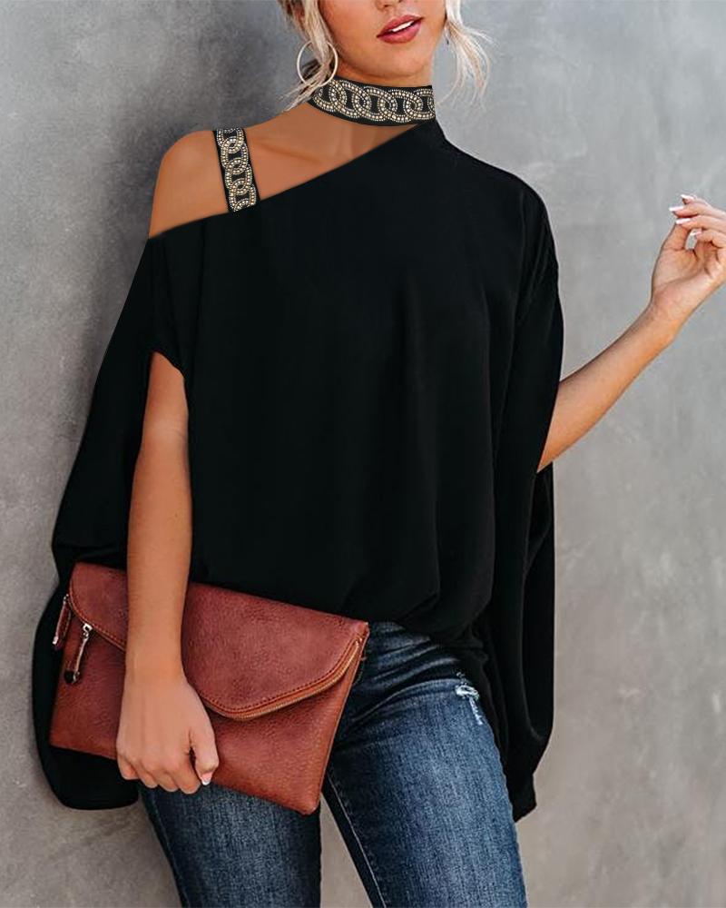 

Rhinestone Chain Pattern Batwing Sleeve Cold Shoulder Top, Black