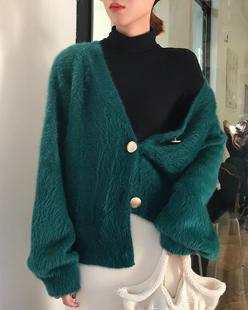 

Fluffy Long Sleeve Button Design Cardigan, Dark green