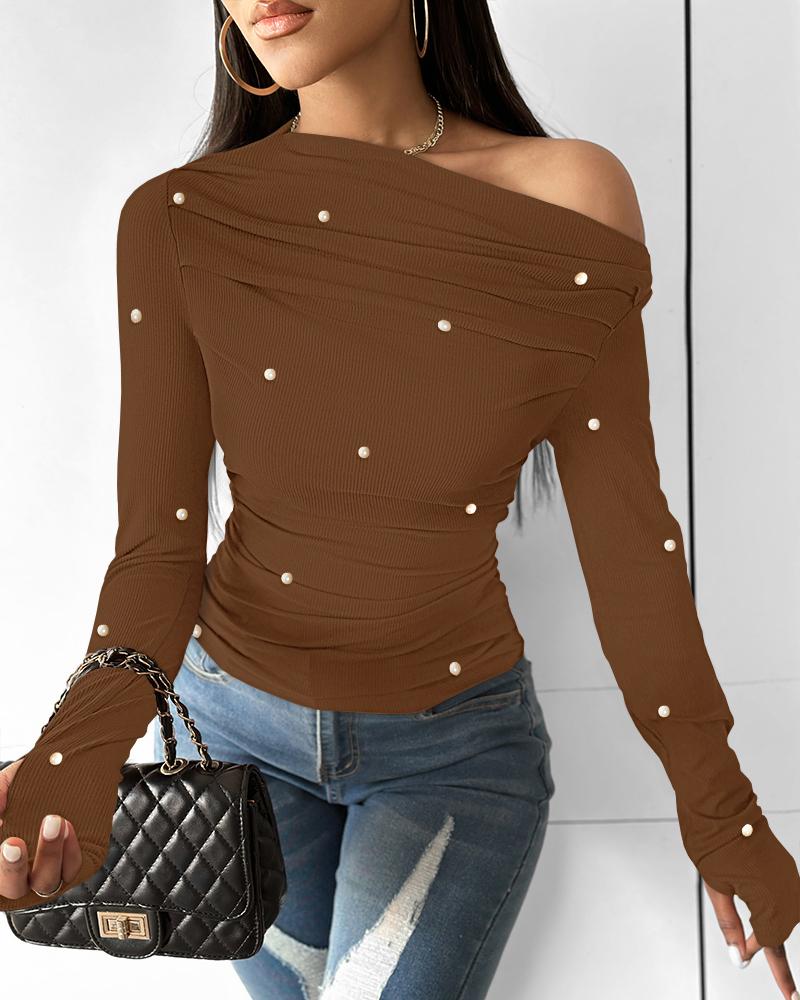 

Skew Neck Ruched Beaded Ribbed Top, Coffee