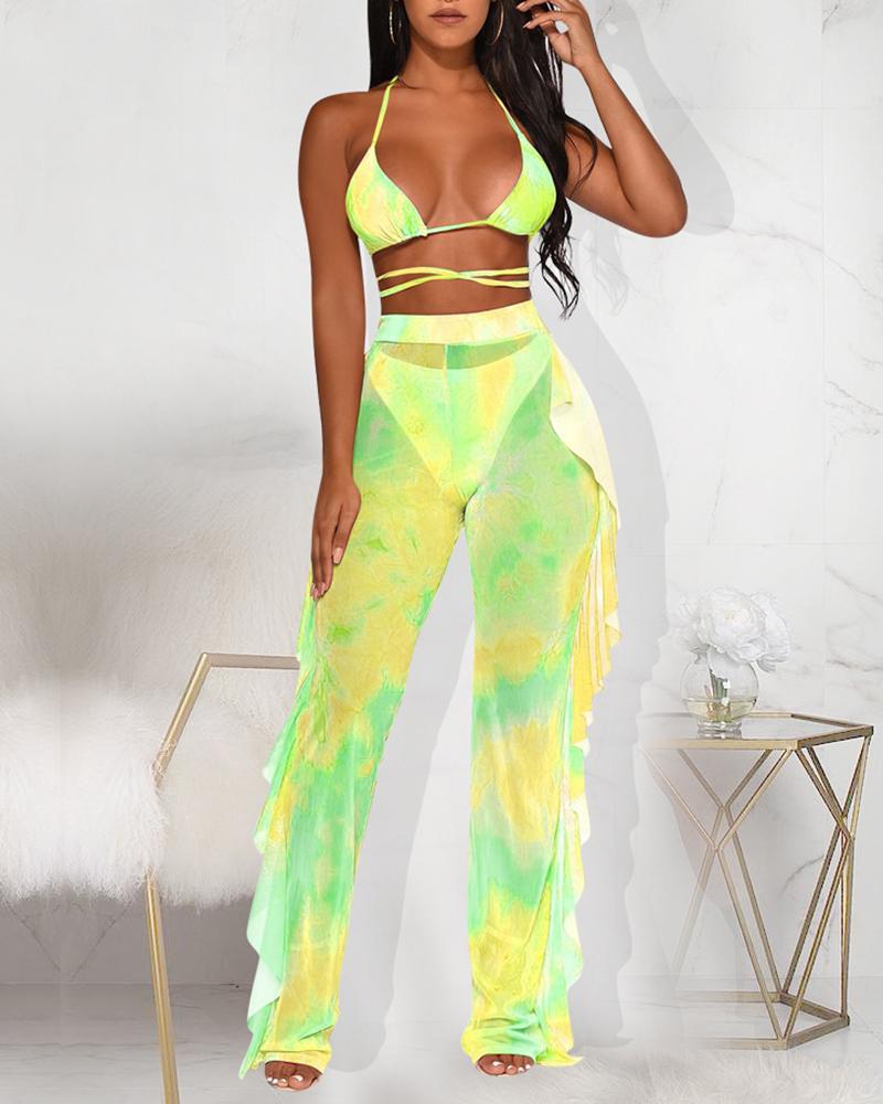 

Halter Backless Tie Dye Print Bikini Set With Cover Up Pants, Yellow