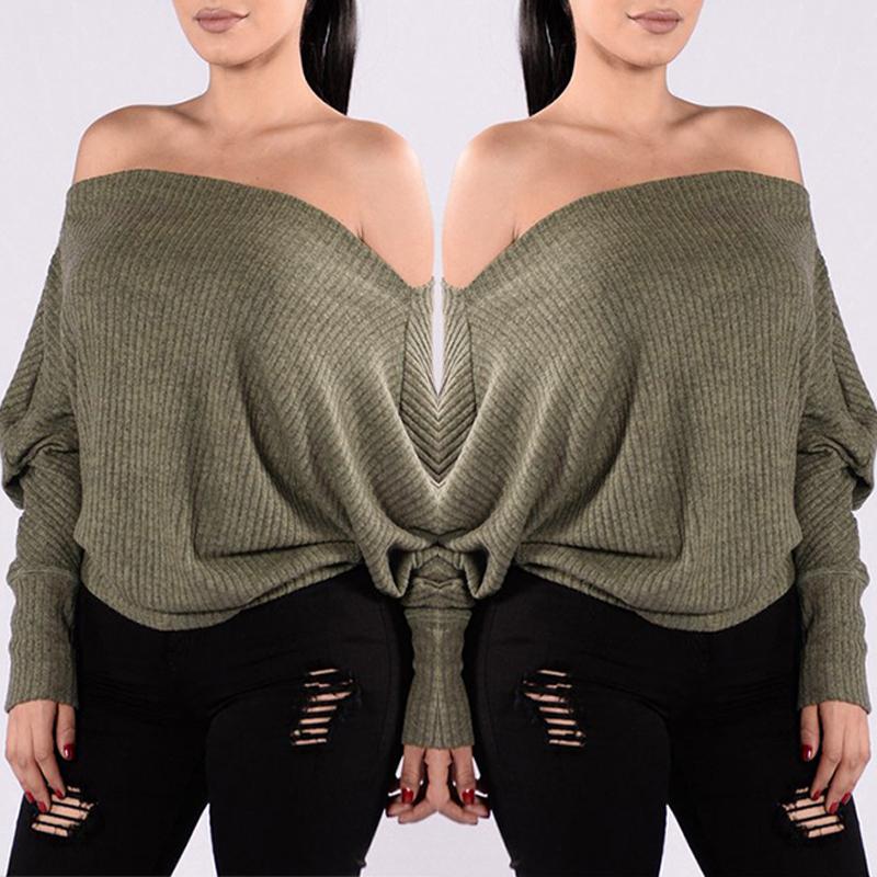 

Off Shoulder Batwing Sleeve Sweater, Army green
