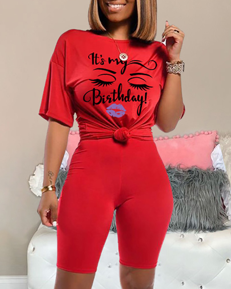 

Letter Print Round Neck Top & Shorts Set, Red
