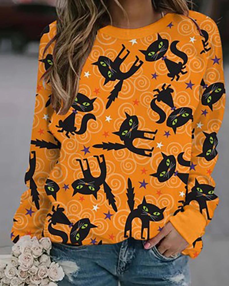 

Halloween Long Sleeve Graphic / Animal Print Sweatshirt, Orange