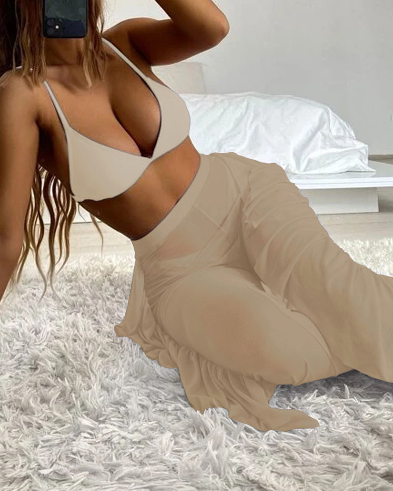 

3PCS Bikini Set With Ruffle Hem Sheer Mesh Cover Up, Khaki