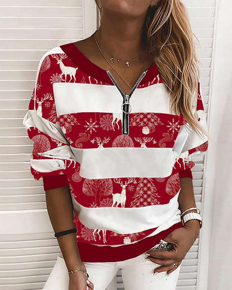 

Christmas Mixed Print Zipper Design Sweatshirt, Red