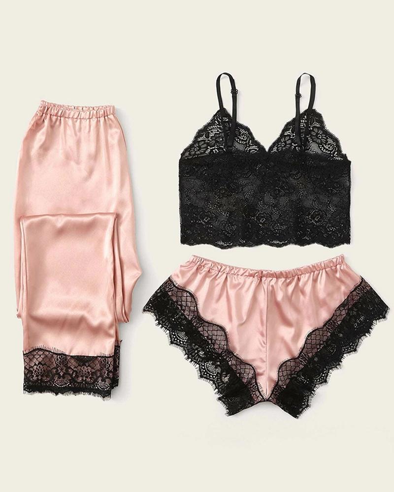 

Lace Trim Satin Three-piece Cami Sets, Pink