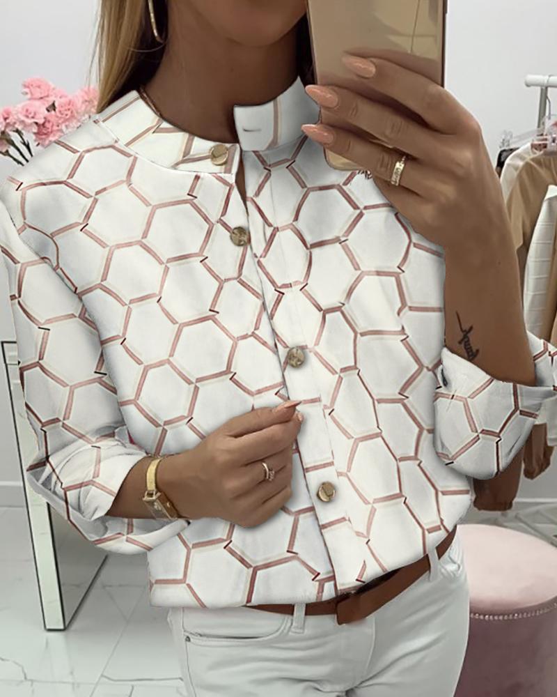 

Print Long Sleeve Buttoned Casual Shirt, White
