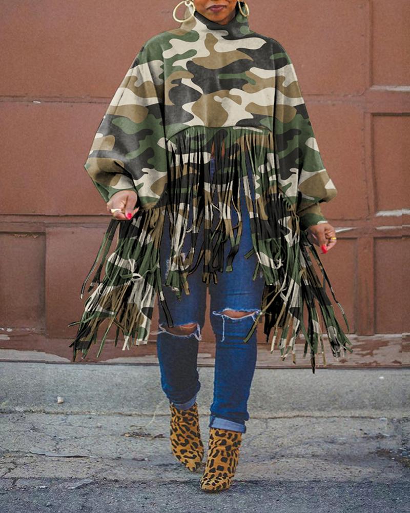

Plus Size Camouflage Print Tassel Trim High Neck Top, Green