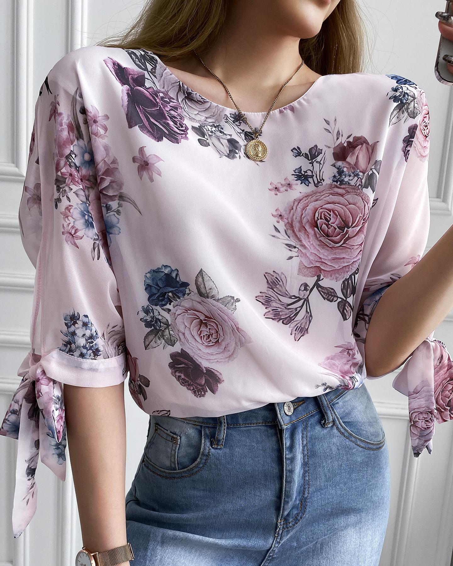 

Floral Print Tied Detail Half Sleeve Top, Pink
