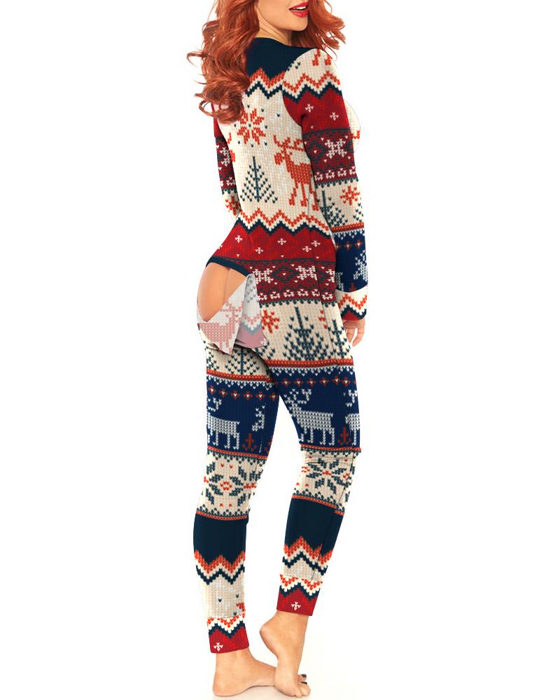 

Christmas Snowflake Elk Print Functional Buttoned Flap Adult Onesie, Multicolor