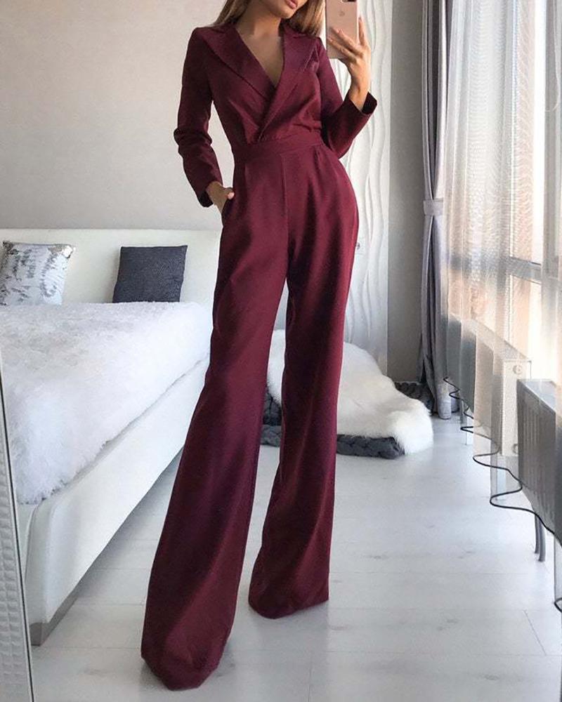 

Long Sleeve Pocket Design Wide Leg Jumpsuit, Red