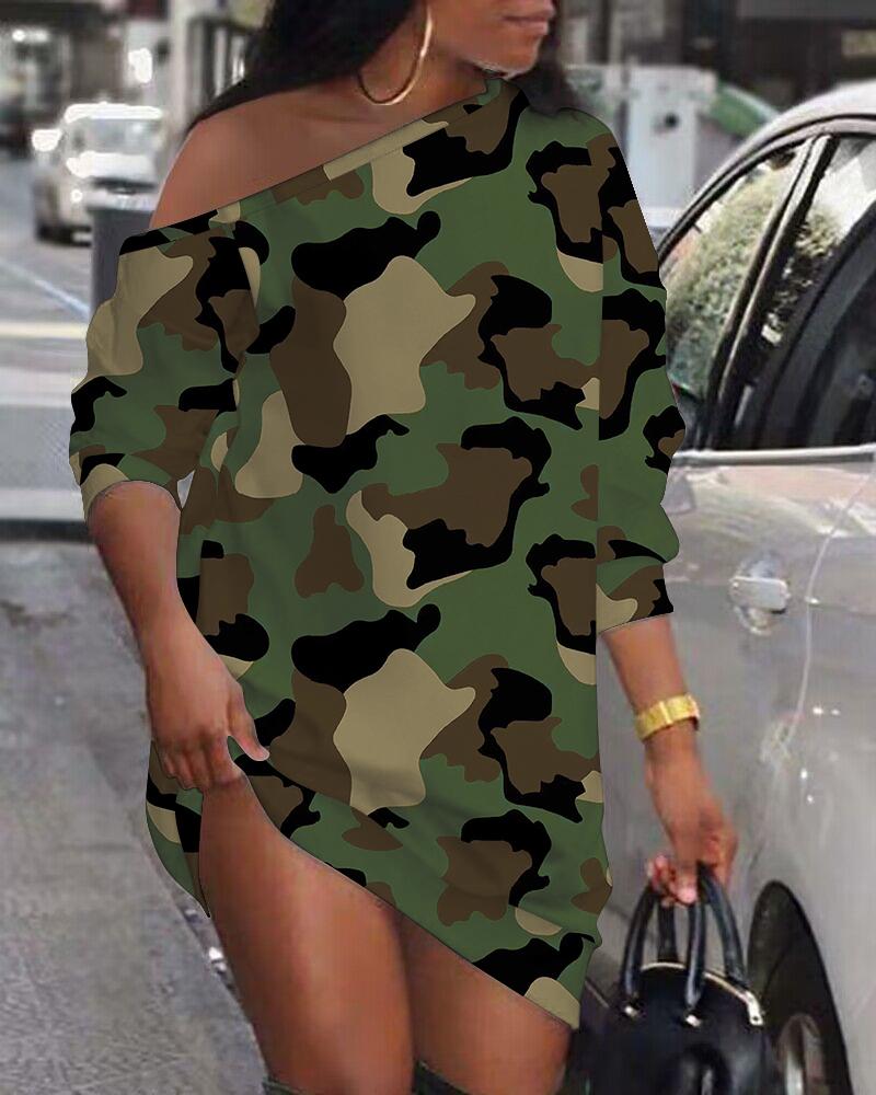 

Camouflage Print Skew Neck Casual Dress, Camoflage