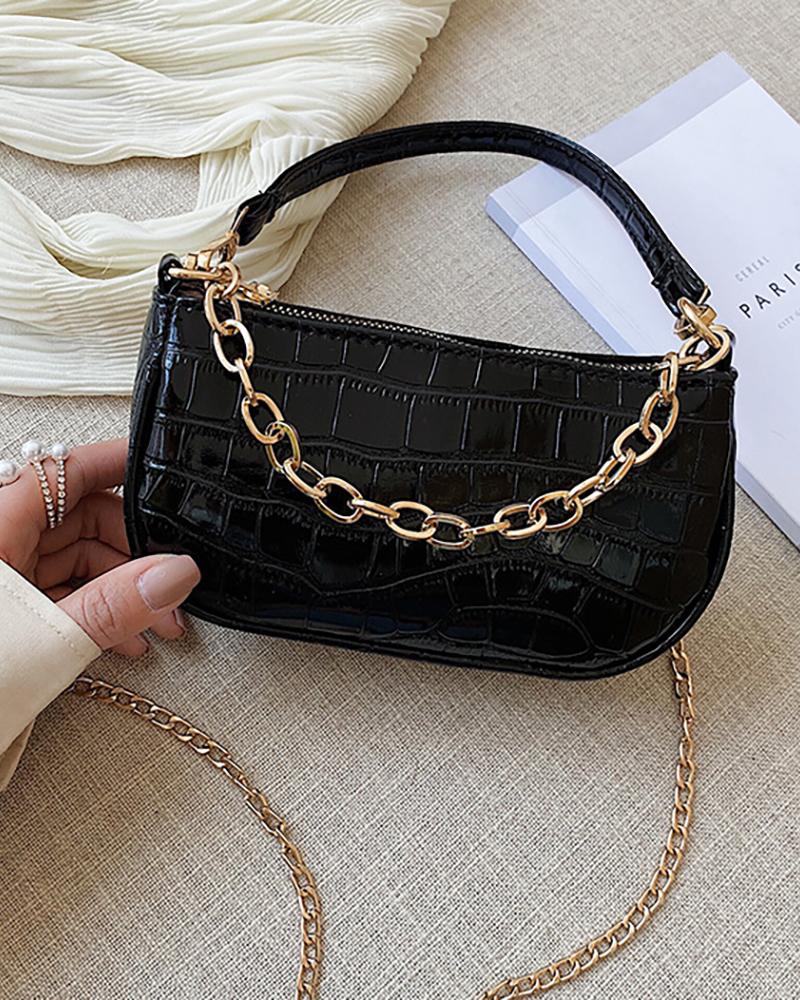 

Chain Strap Croc Embossed Baguette Bag, Black
