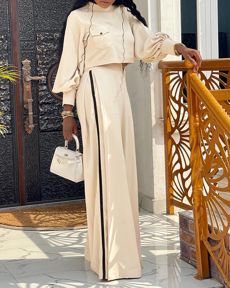 

Conjunto de 2 peças com decote alto, manga lanterna, design de bolso, blusa e calça casual listrada lateral, franzida, perna larga e boca de sino, Apricot