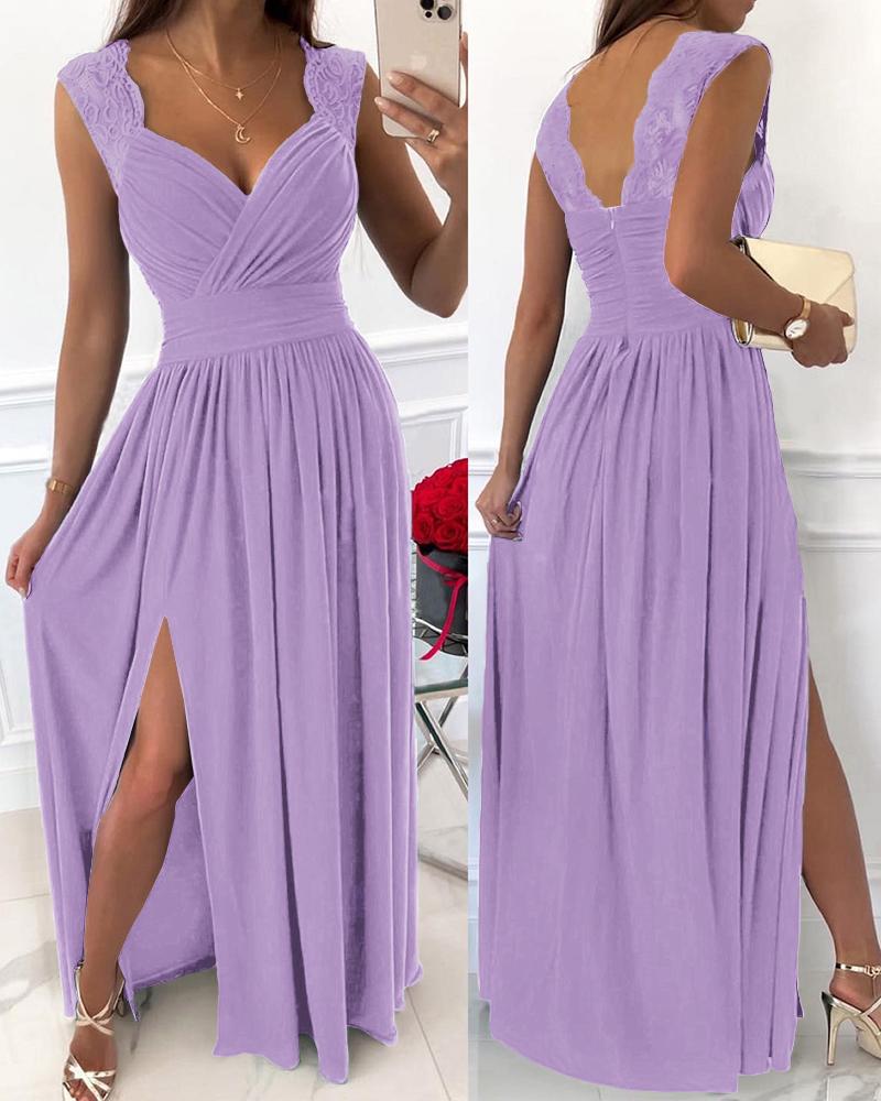 

High Slit Crochet Lace Ruched Evening Dress, Purple