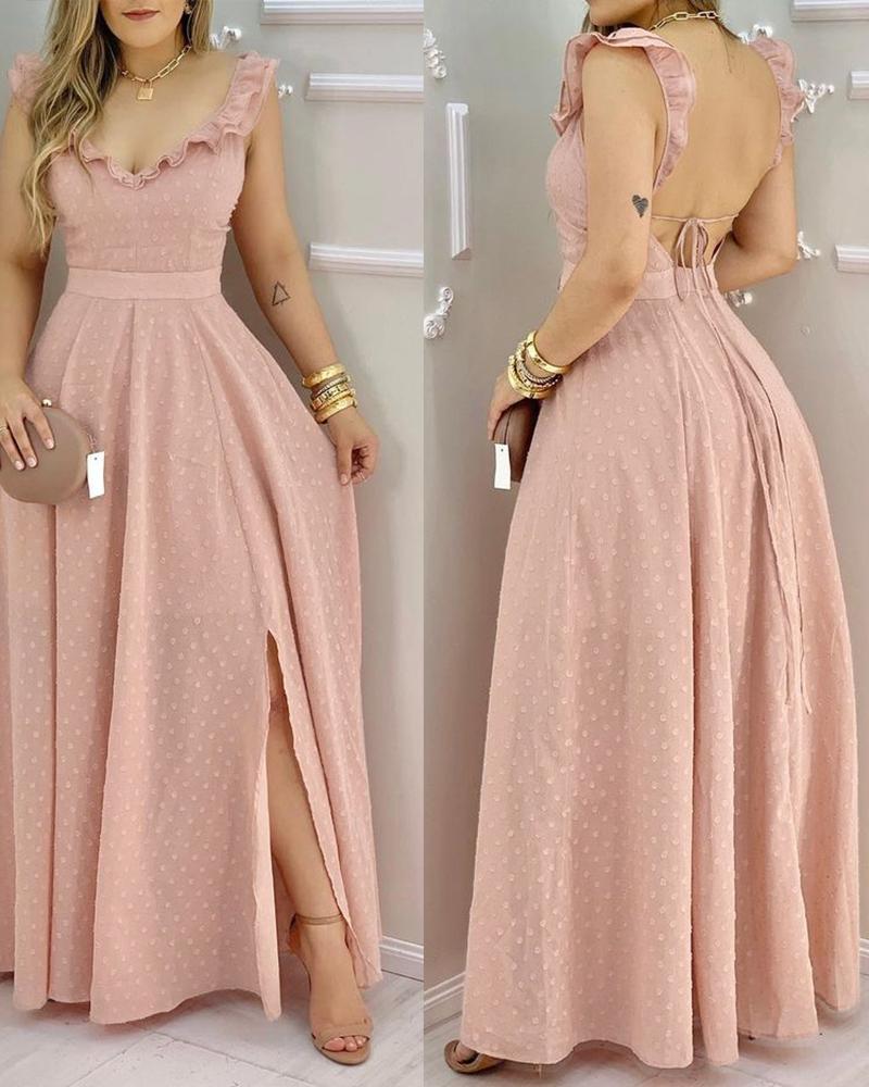 

Ruffle Hem Open Back Slit Maxi Dress, Pink