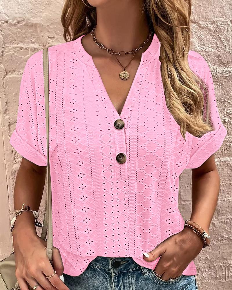 

Eyelet Embroidery Buttoned Casual T-shirt, Pink