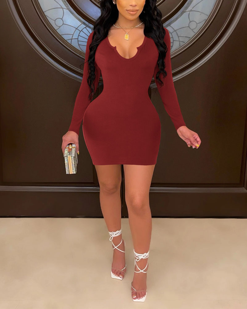 

Ribbed Plunge Long Sleeve Bodycon Dress, Wine red
