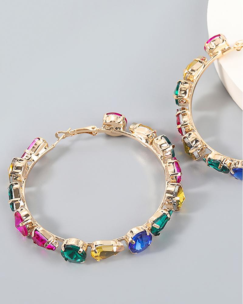 

1Pair Waterdrop & Round Shaped Rhinestone Hoop Earrings, Multicolor