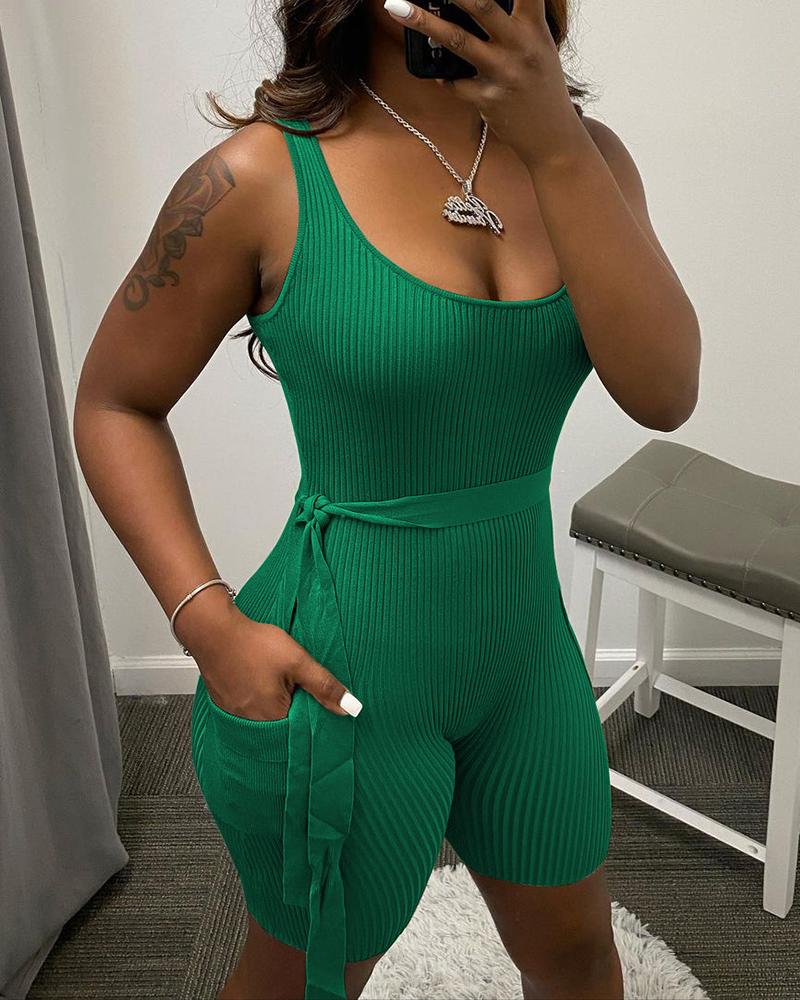 

Ribbed Pocket Design Tied Detail Romper, Green
