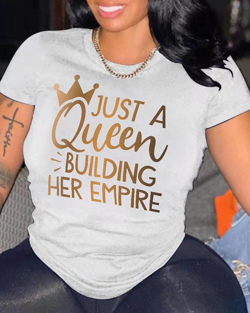 

Women's Retro Letter Crown Print Short Sleeve T-shirt, White