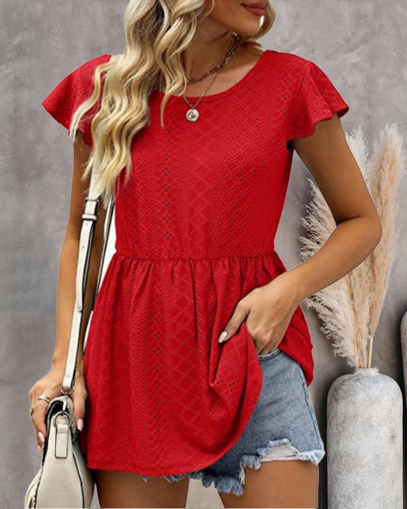 

Patchwork Hollow Out Open Back Peplum Top, Red