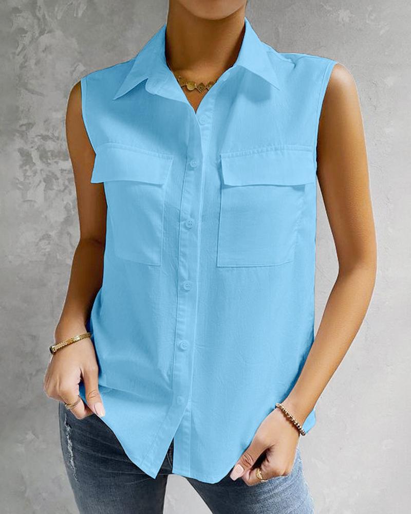 

Pocket Design Turn Down Collar Shirt, Blue
