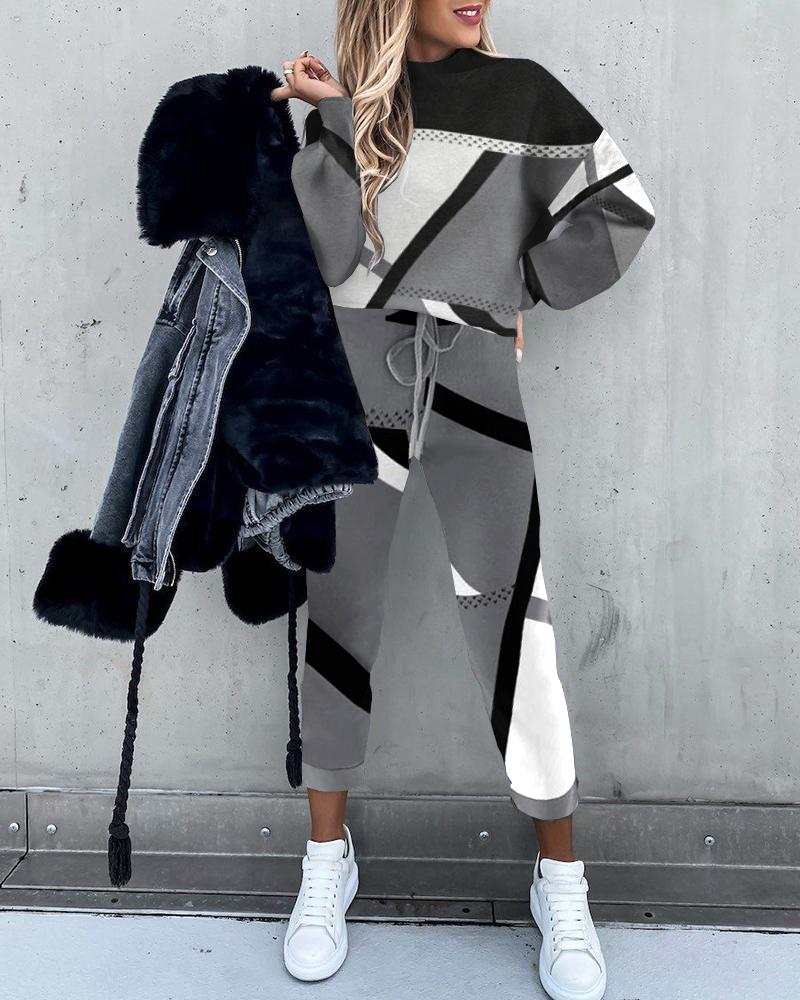 

Colorblock Long Sleeve Top & High Waist Pants Set, Gray