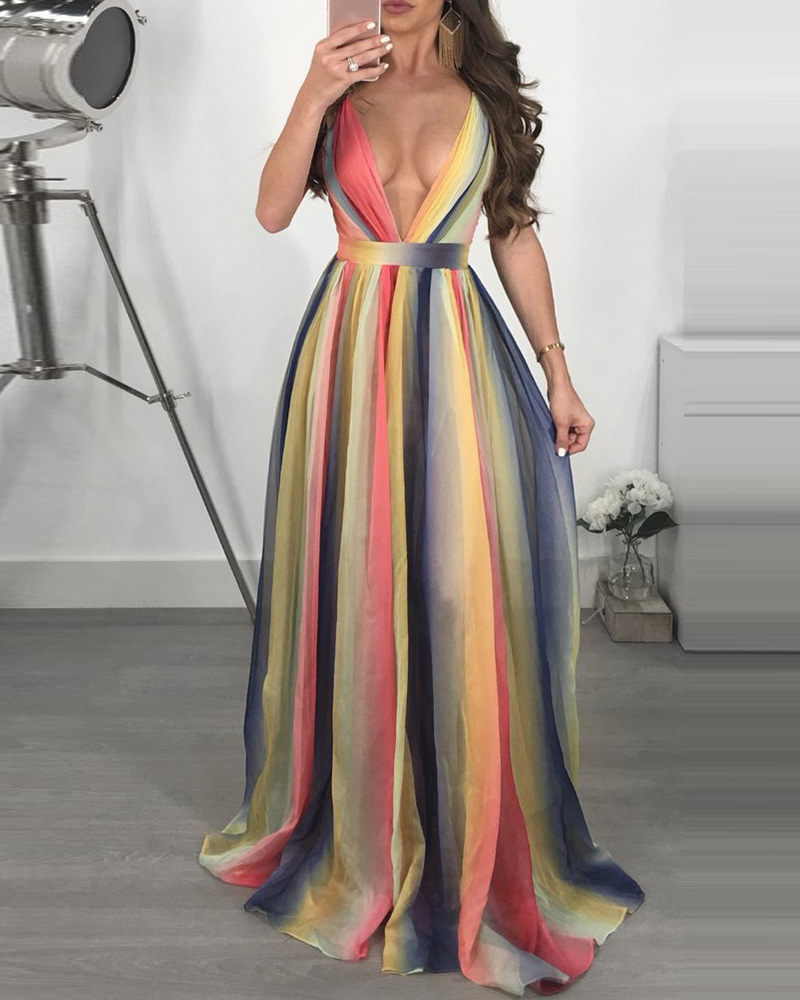 

Crisscross Backless Striped Ombre Colorblock Maxi Dress, Multicolor