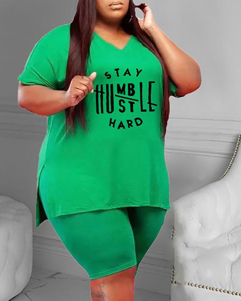 

Plus Size Letter Print Short Sleeve Top & Shorts Set, Green
