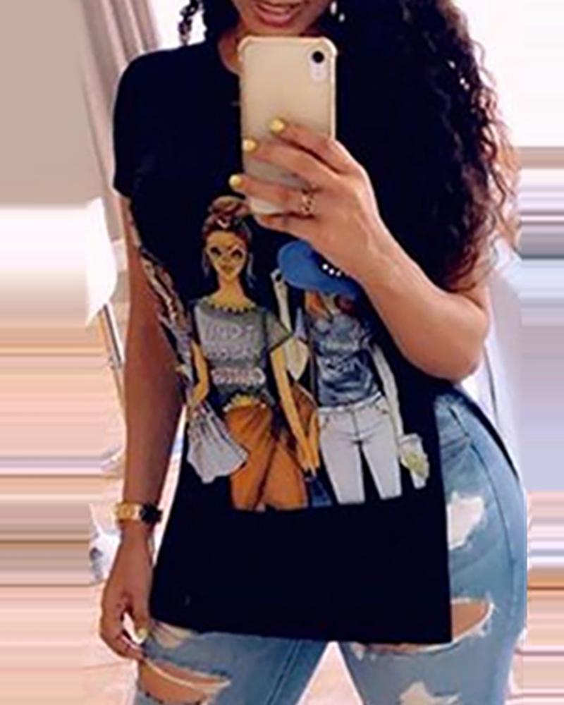 

Figure Print Cutout Front Short Sleeve Slit T-Shirt, Black