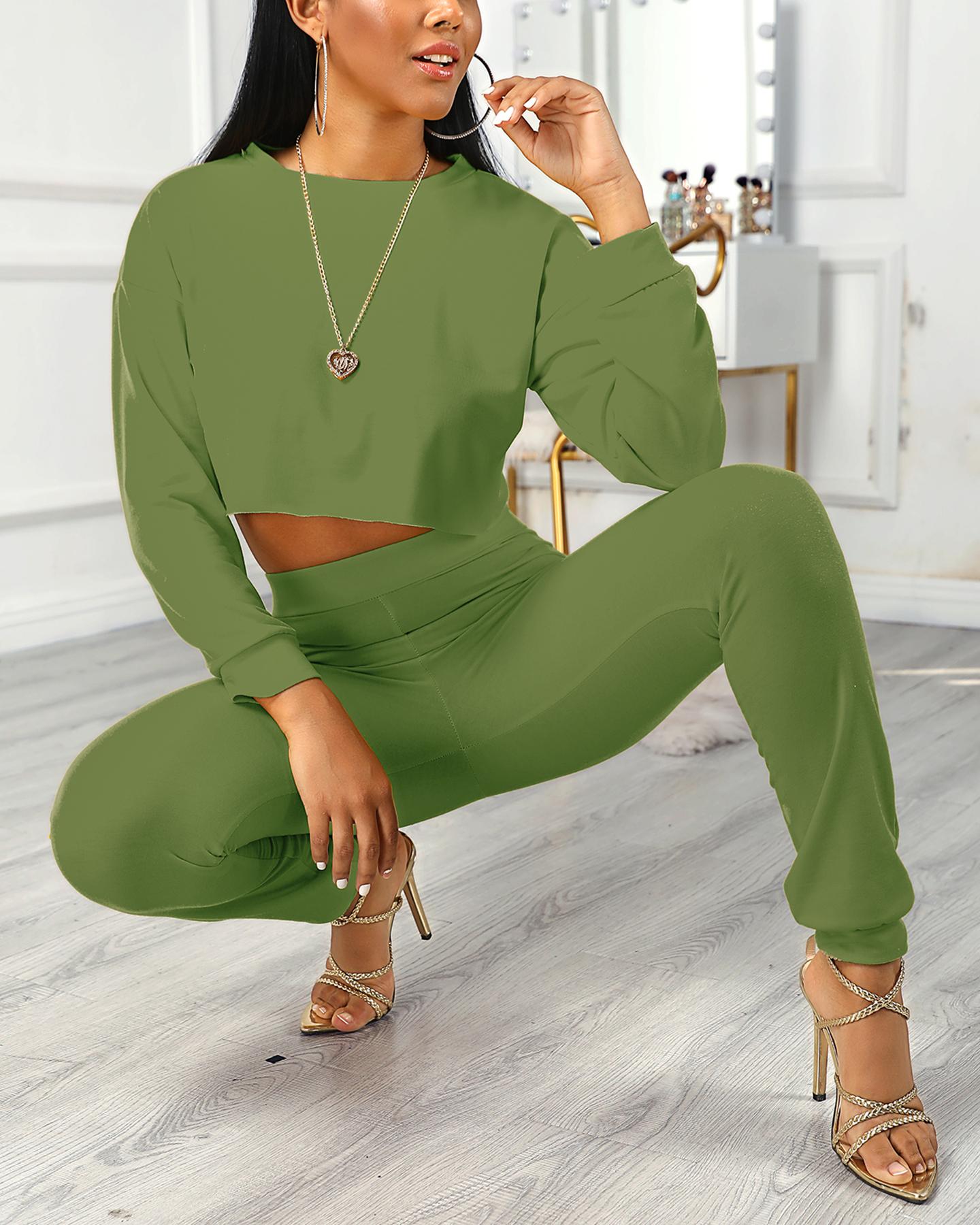 

Frill Hem Crop Top & Pocket Design Pants Sets, Green