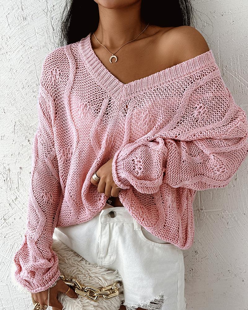 

Hollow Out V-Neck Knit Sweater, Pink