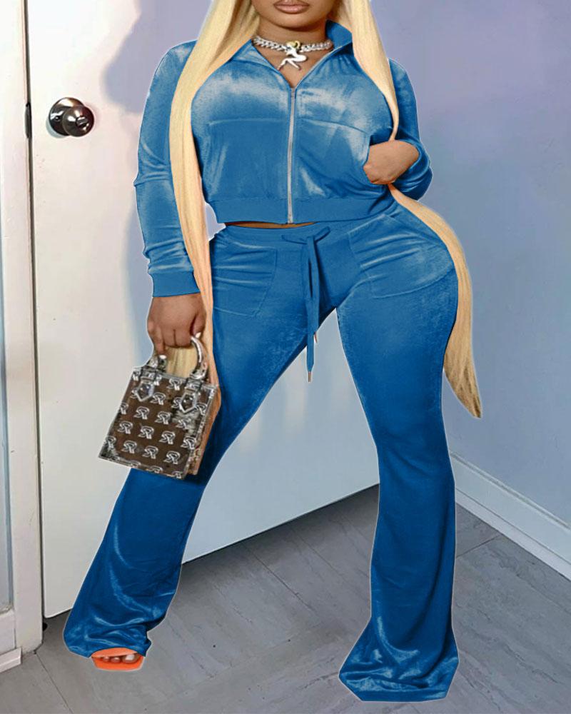 

Plus Size Velvet Zip Up Crop Top & Drawstring Pants Set, Lighted blue